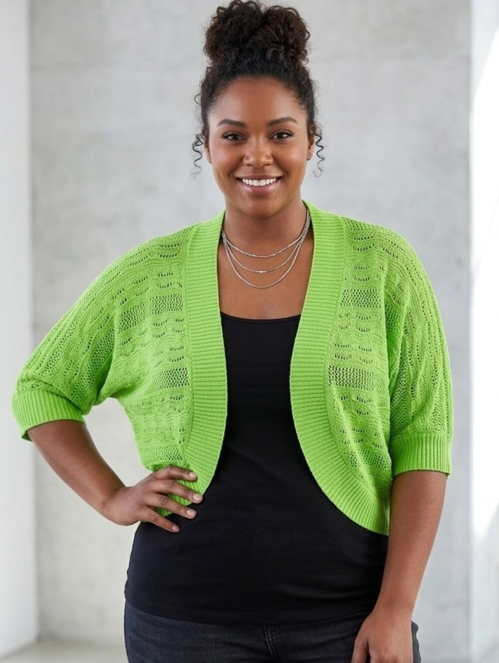 Ashley Stewart Vibrant Neon Green Open-Front Cropped Shrug Cardigan Plus 22/24